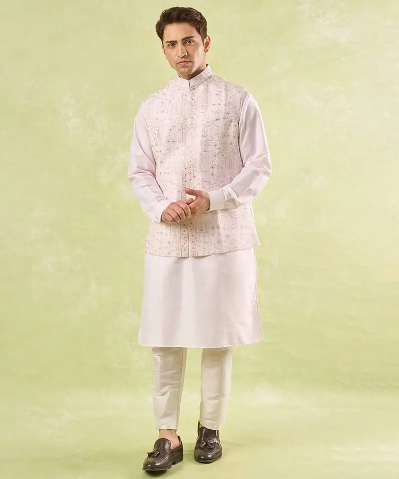 Pink embroidered silk nehru jacket with kurta & pajama