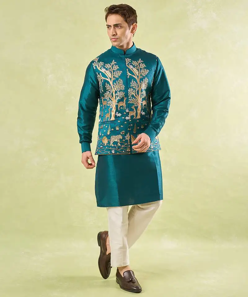 Turquoise embroidered silk nehru jacket with kurta & pajama
