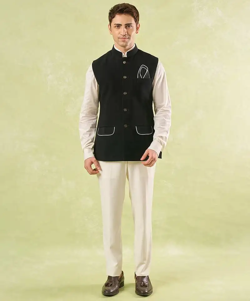 Black plain silk nehru jacket