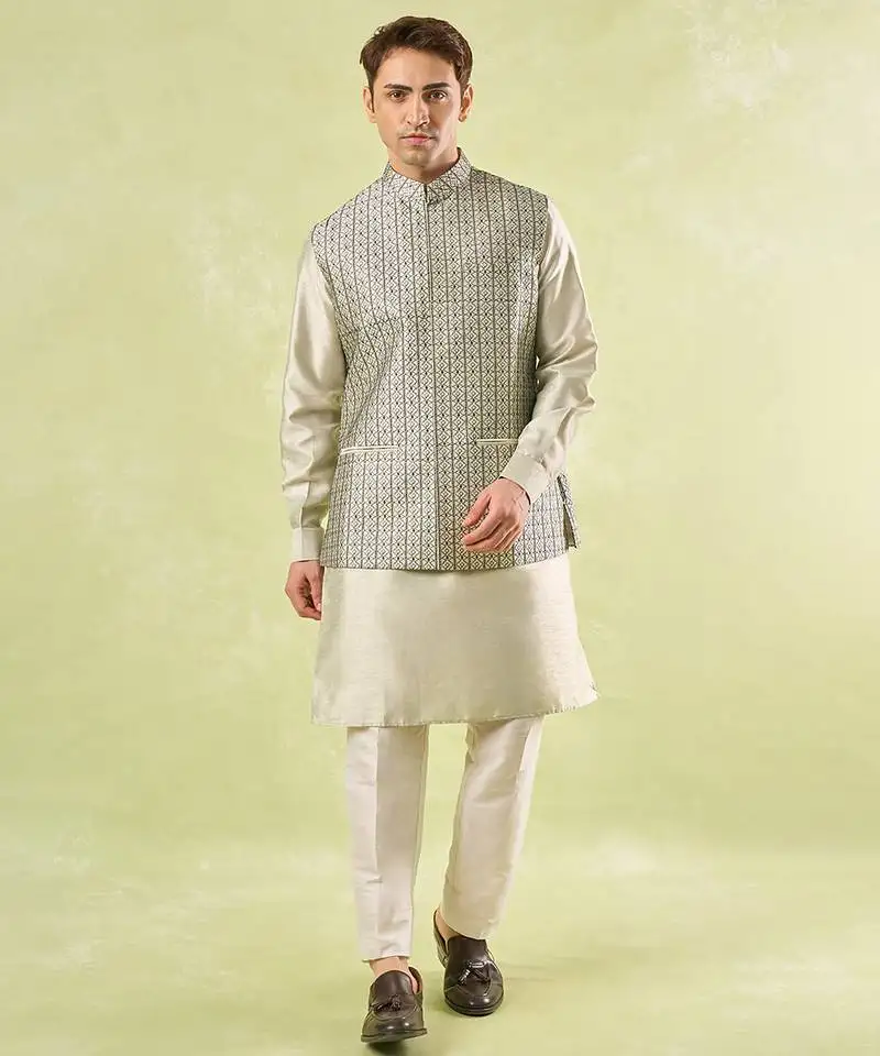 Grey embroidered silk nehru jacket with kurta & pajama