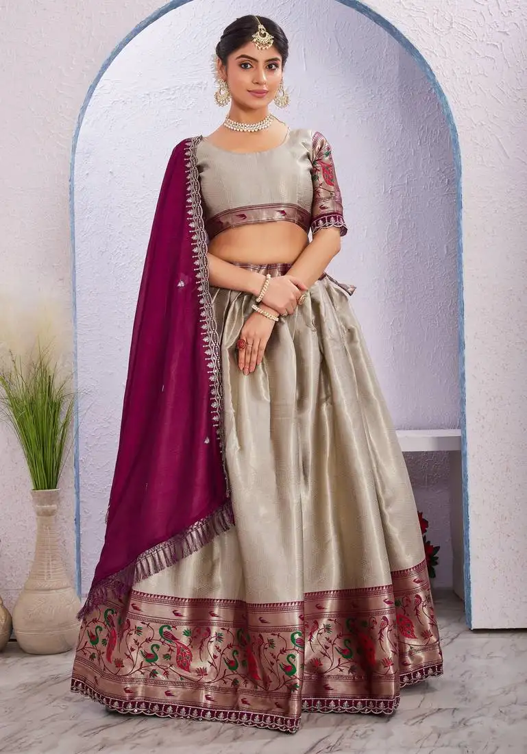 Cream jacquard silk lehenga choli set with dupatta