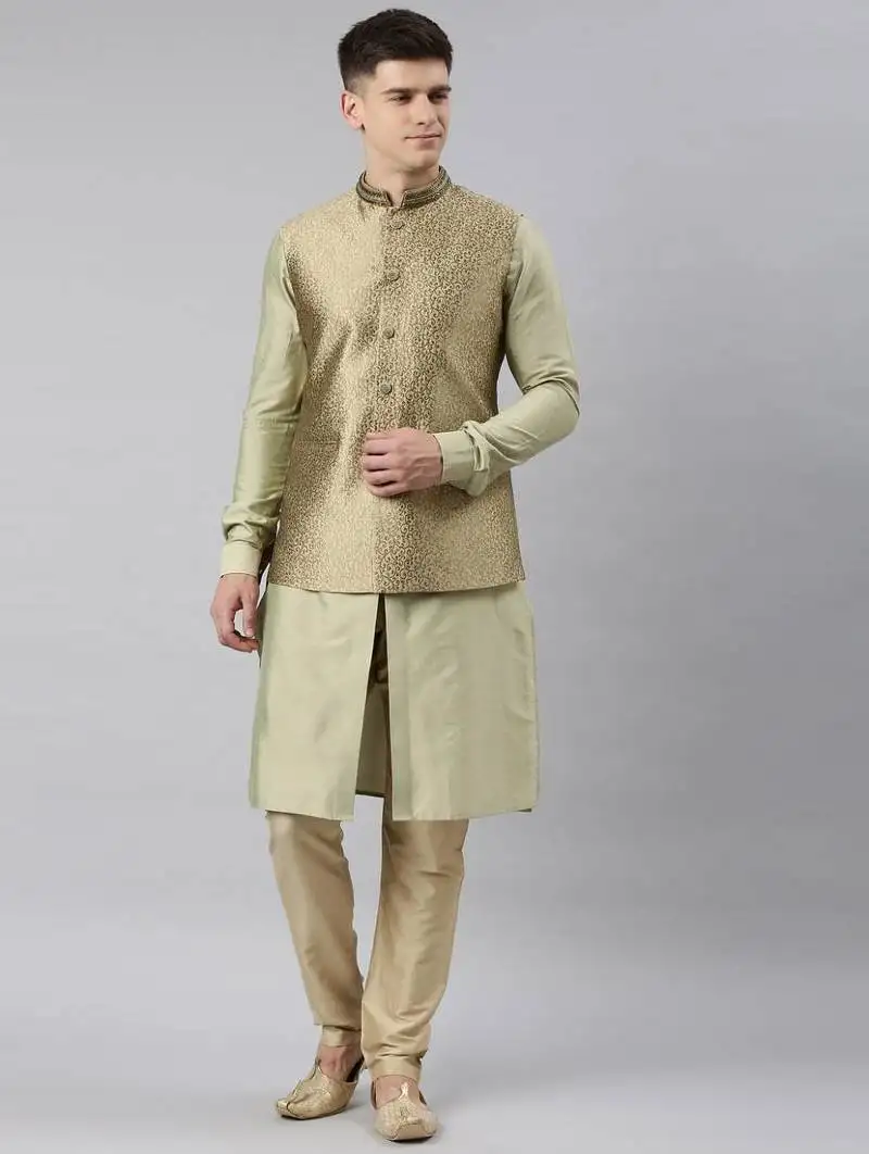 Green brocade jacket with open style light green kurta set