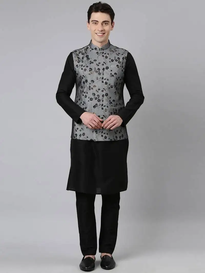 Black net printed jacket with black kurta
