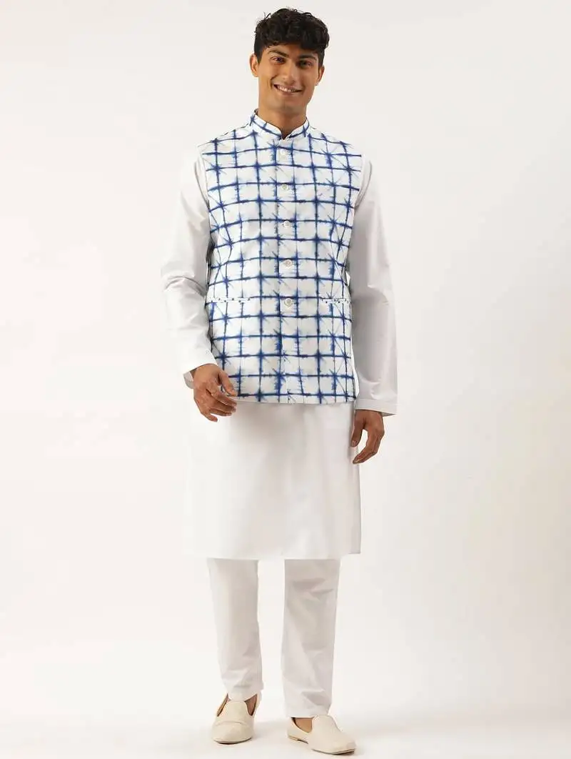 White cotton blue tie dye jacket with white kurta