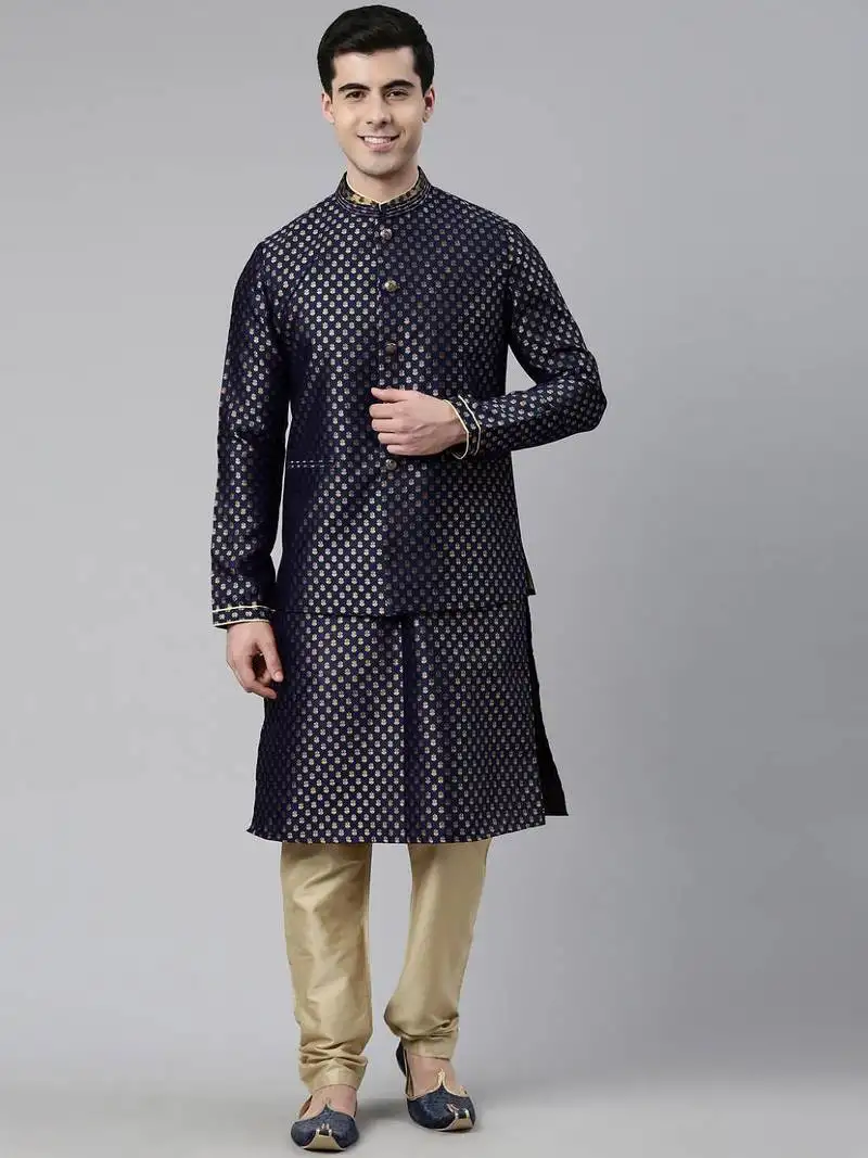 Navy blue brocade jacket and kurta set