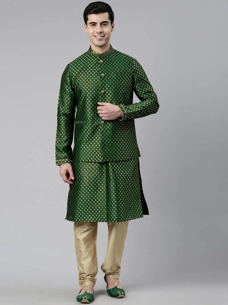 Green brocade jacket and kurta set