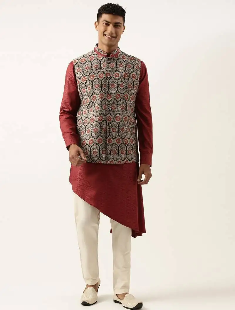 Printed jacket with self-design drape side-open kurta