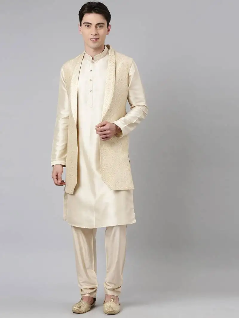 Cream printed lapel style jacket with cream gold motif kurta