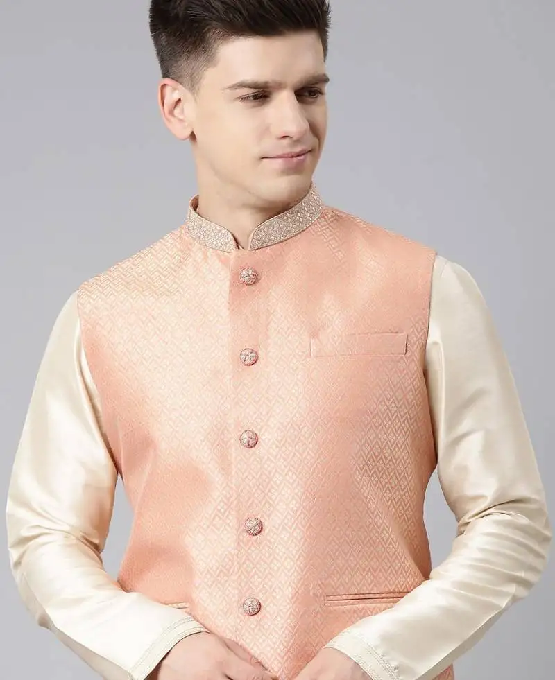 Orange jacquard jacket kurta set