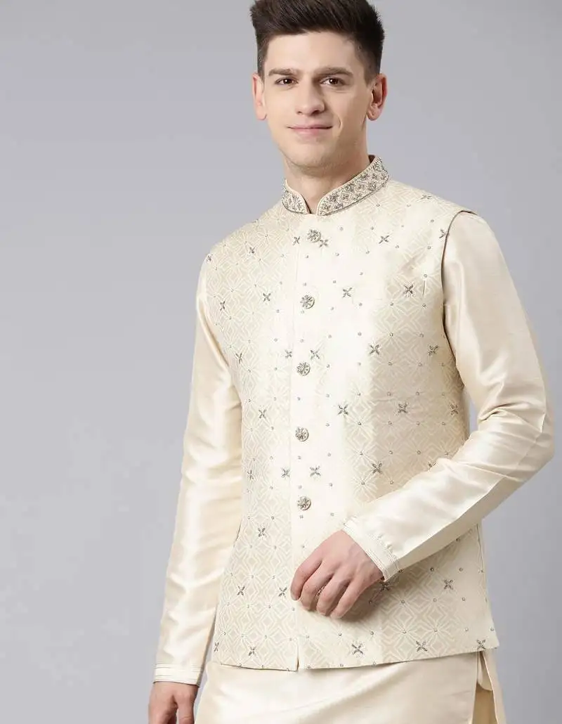 Ivory gold jacquard jacket with ivory kurta