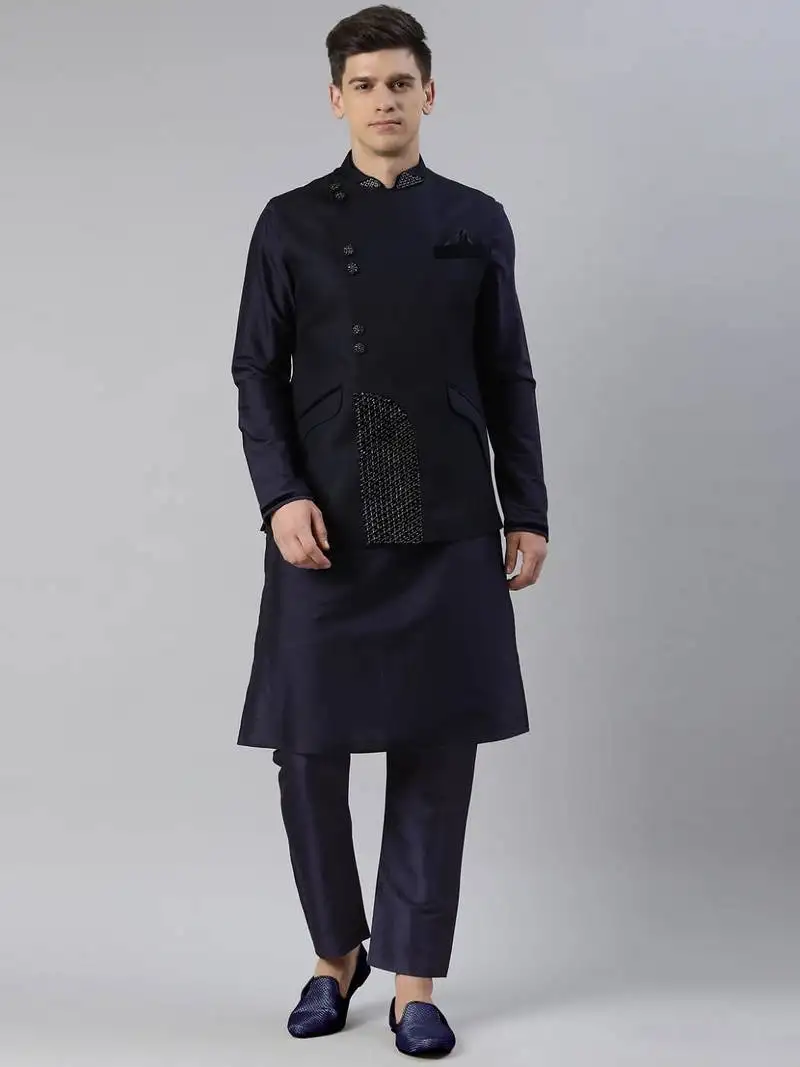 Midnight blue overlap jacket kurta set