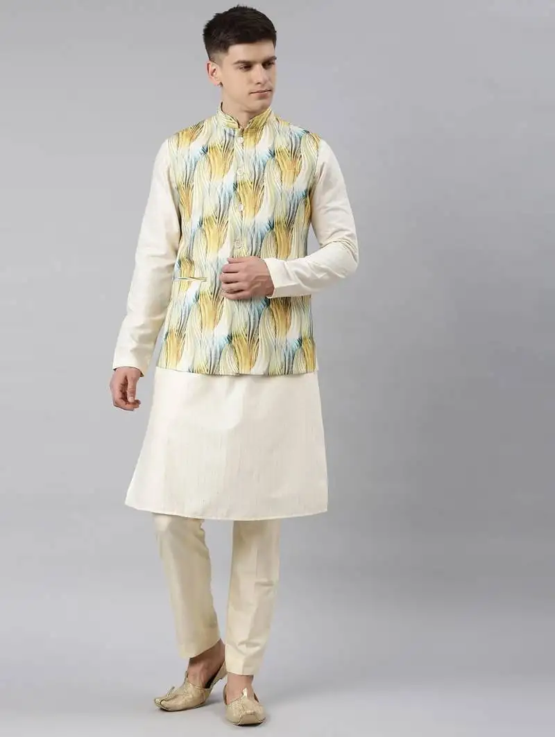 Yellow linen printed jacket with kurta set