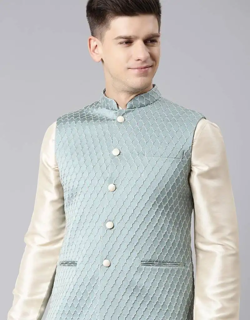 Teal blue jacket with cream kurta set