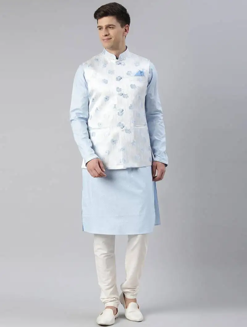Blue jacquard jacket with blue kurta set