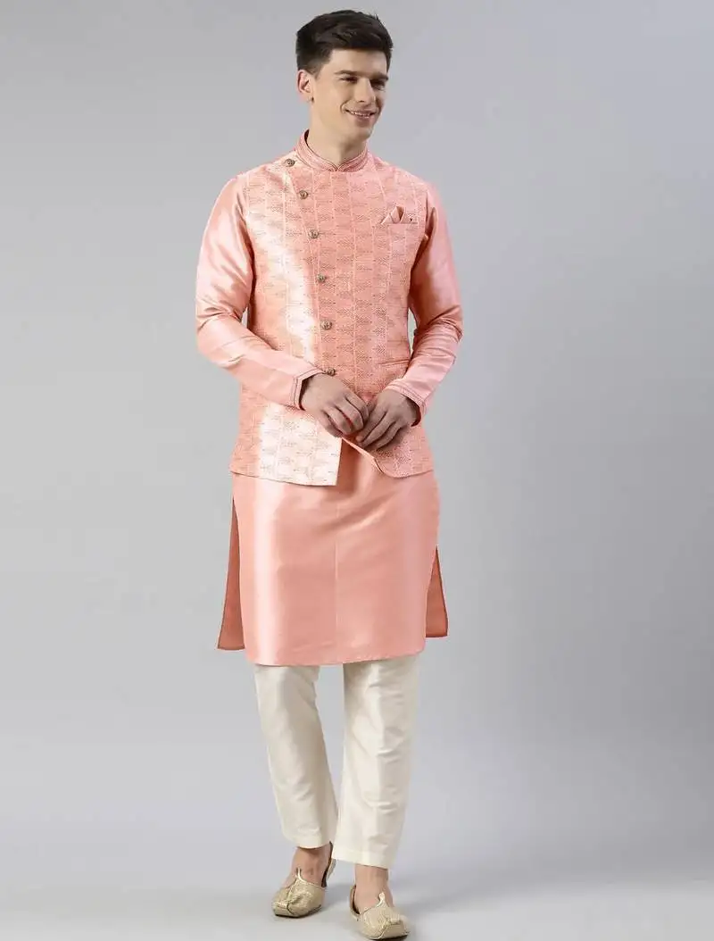 Pink printed overlap jacket kurta set