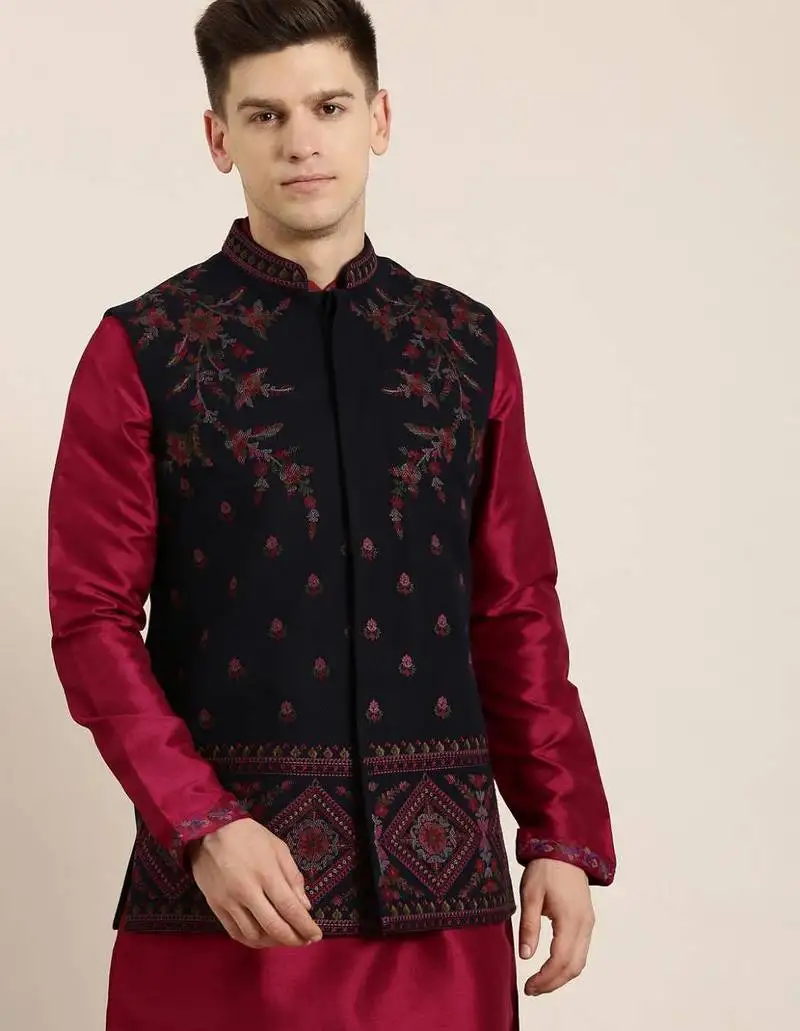 Black pashmina embroidered jacket with maroon kurta set