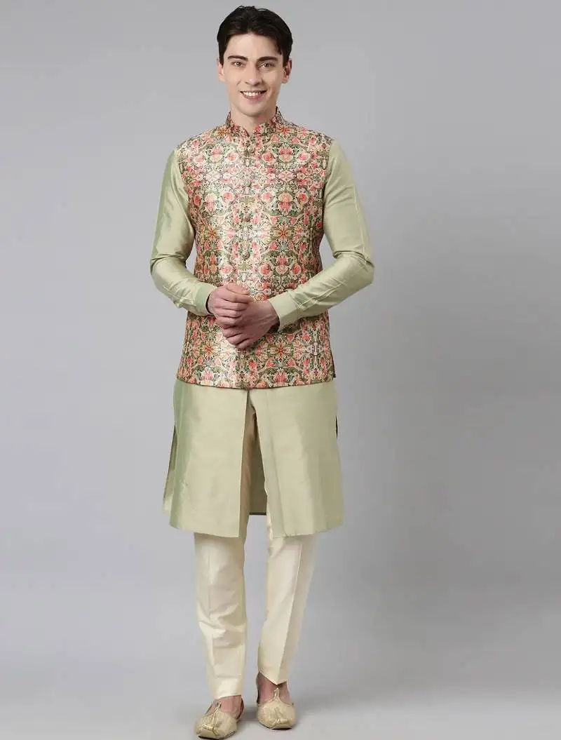 Green floral print jacket with open kurta