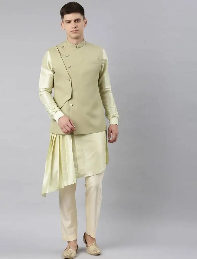 Mint green waistcoat jacket with mint crushed kurta