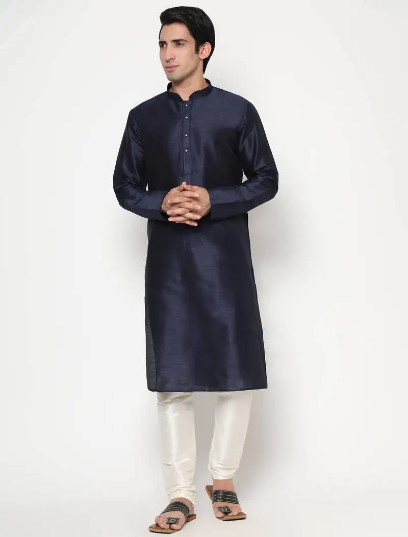 Navy blue silk kurta pajama set in with white churidar ethnic outfit for festivals & weddings