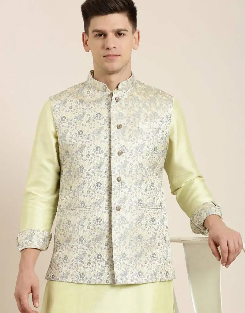 Pastel green jacquard jacket with kurta set
