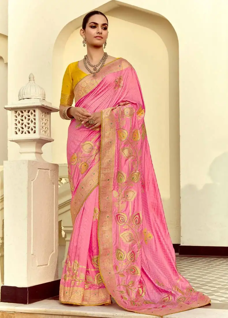 Pink zari embroidered mirror and beads work saree with blouse