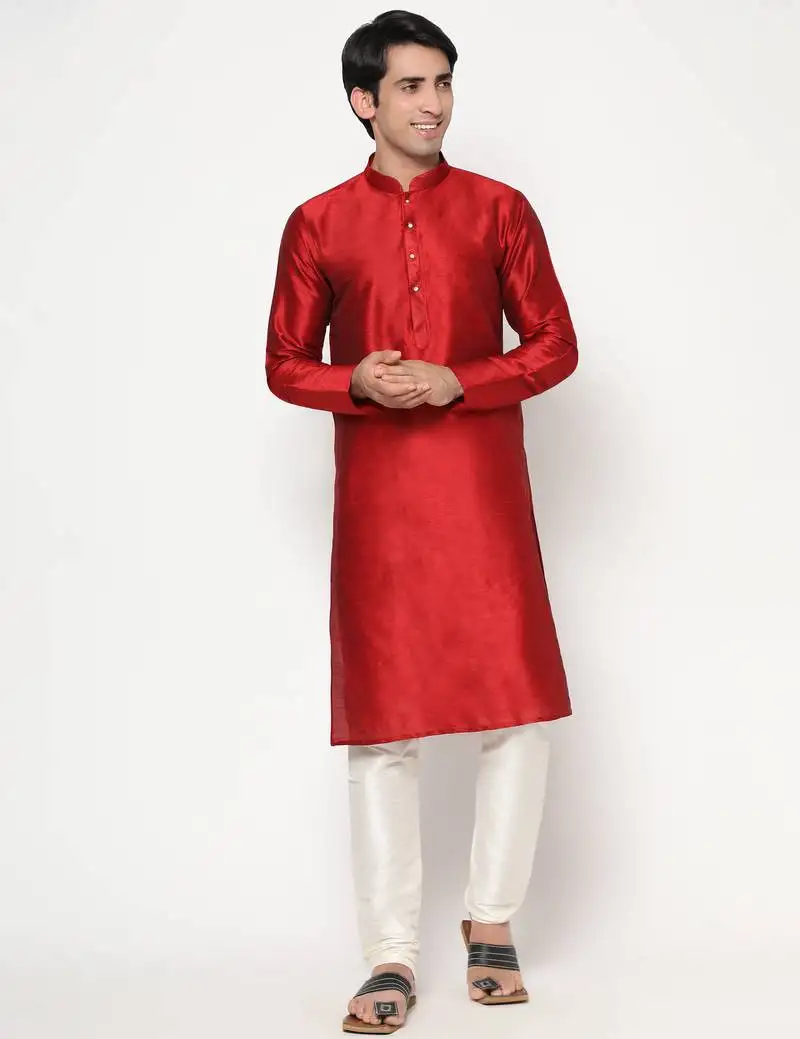 Maroon silk kurta pajama set in with white churidar ethnic outfit for festivals & weddings