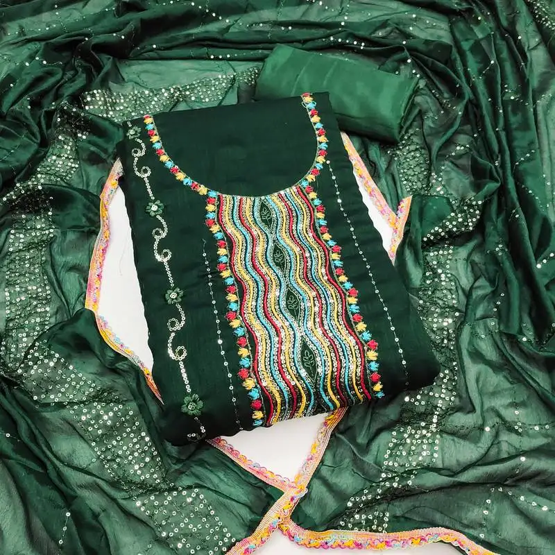 Women's dark green embroidered dress material unstitched