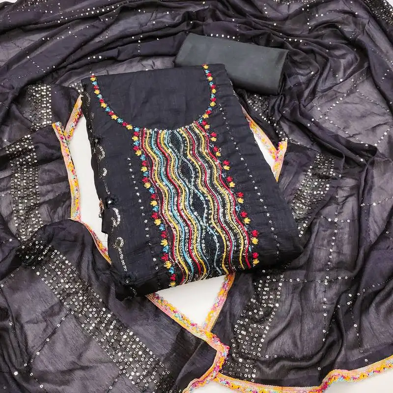 Women's black embroidered dress material unstitched