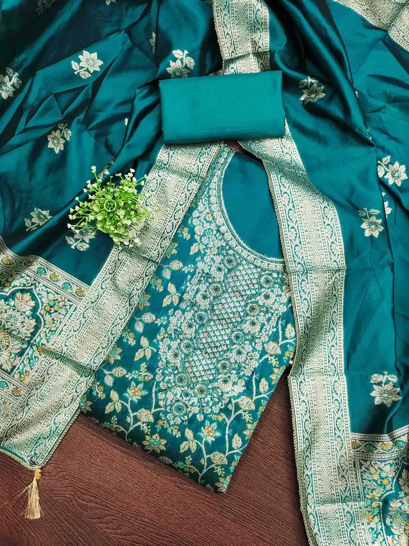 Women's teal handwork dress material unstitched