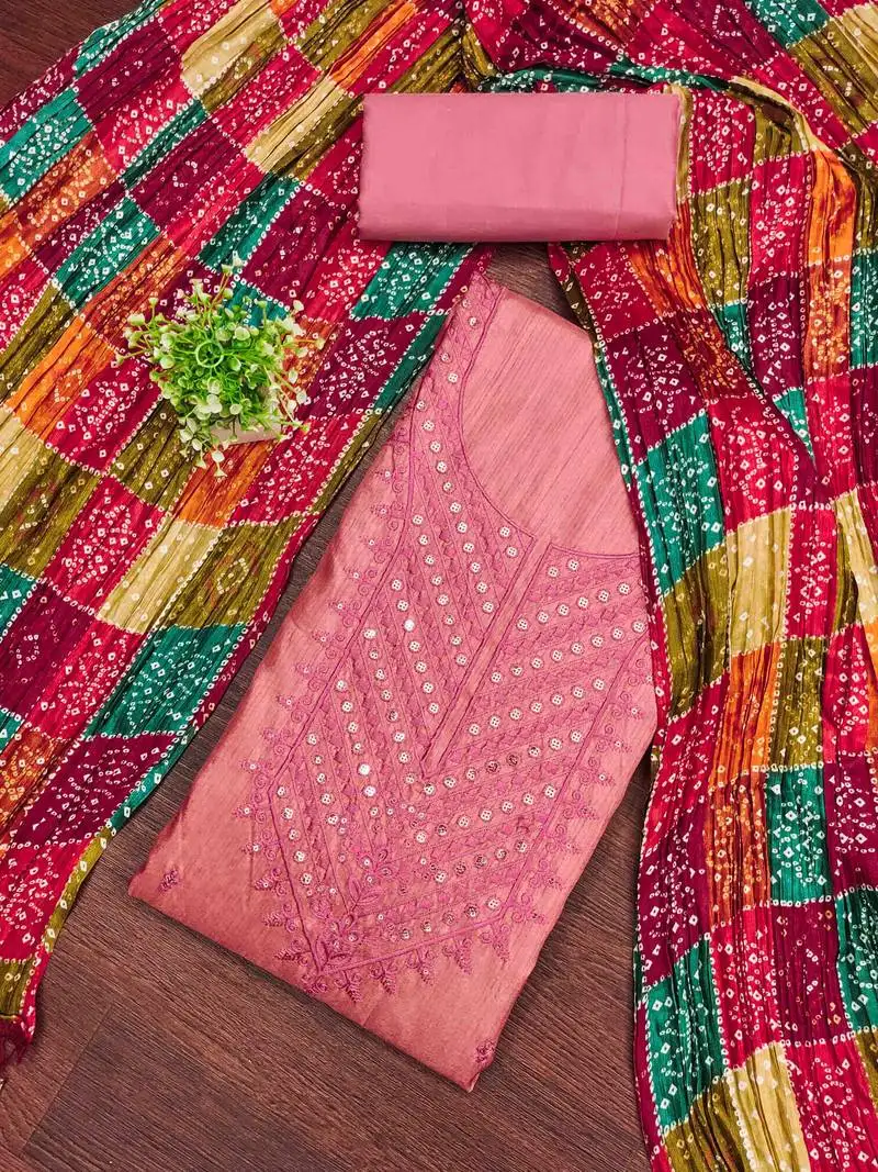 Women's pink embroidered dress material unstitched