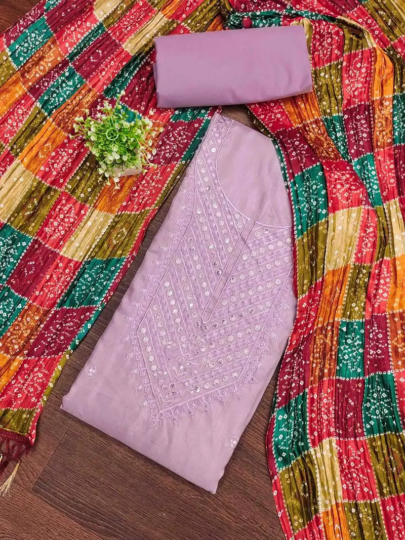 Women's lavender embroidered dress material unstitched