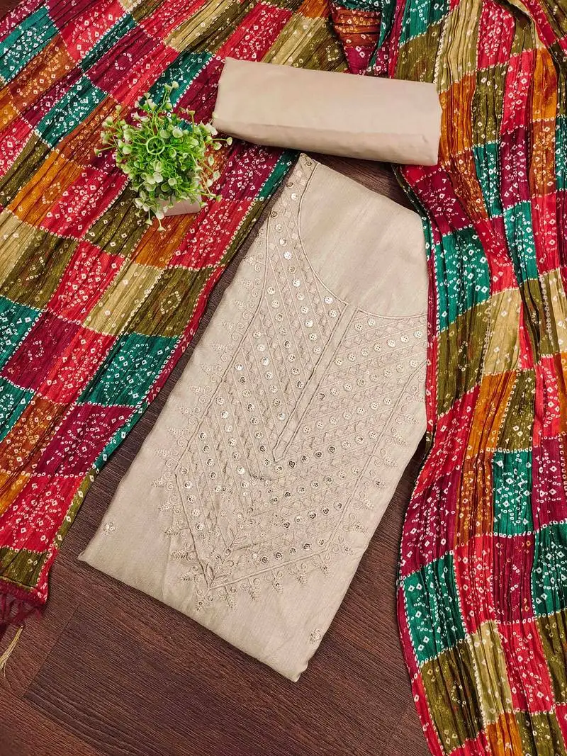 Women's beige embroidered dress material unstitched