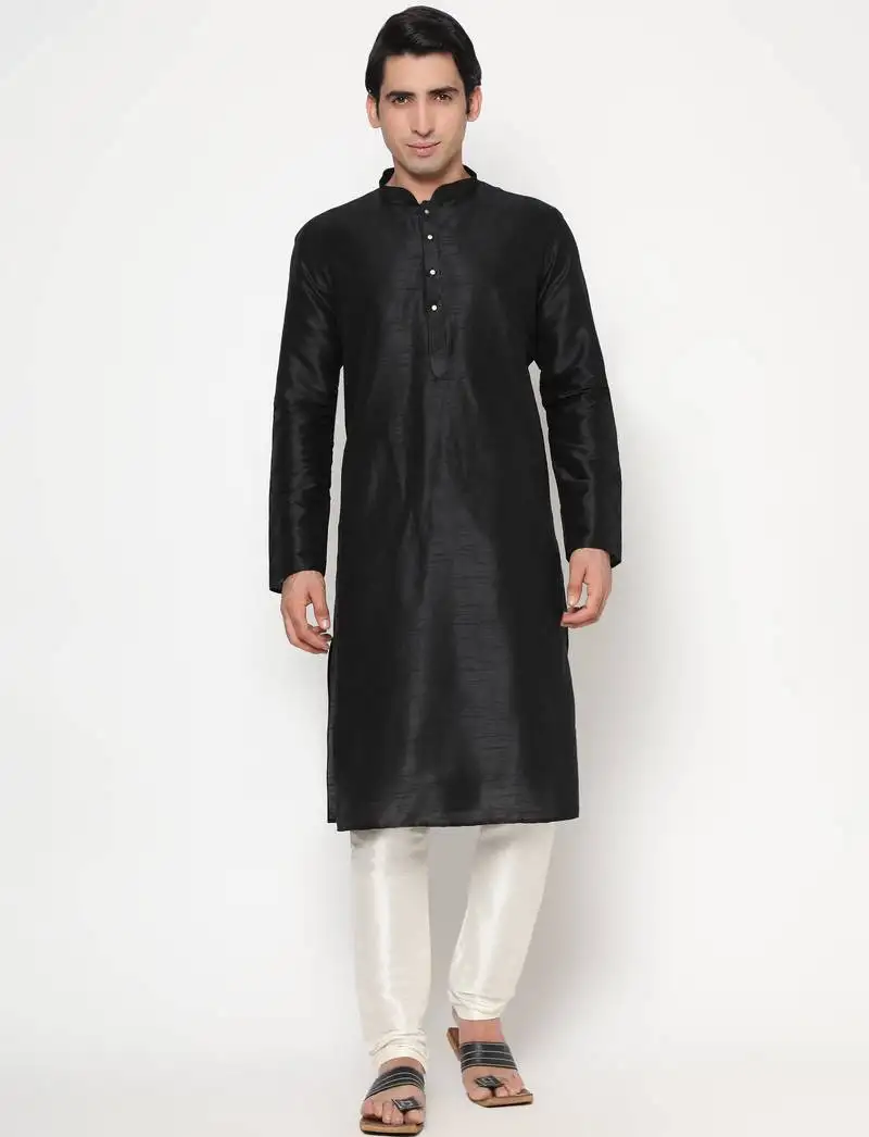 Black silk kurta pajama set in with white churidar ethnic outfit for festivals & weddings