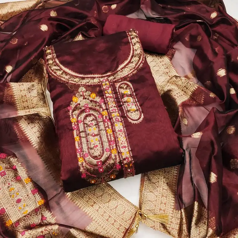 Women's maroon handwork dress material unstitched