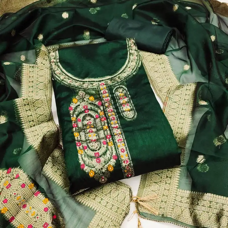 Women's dark green handwork dress material unstitched