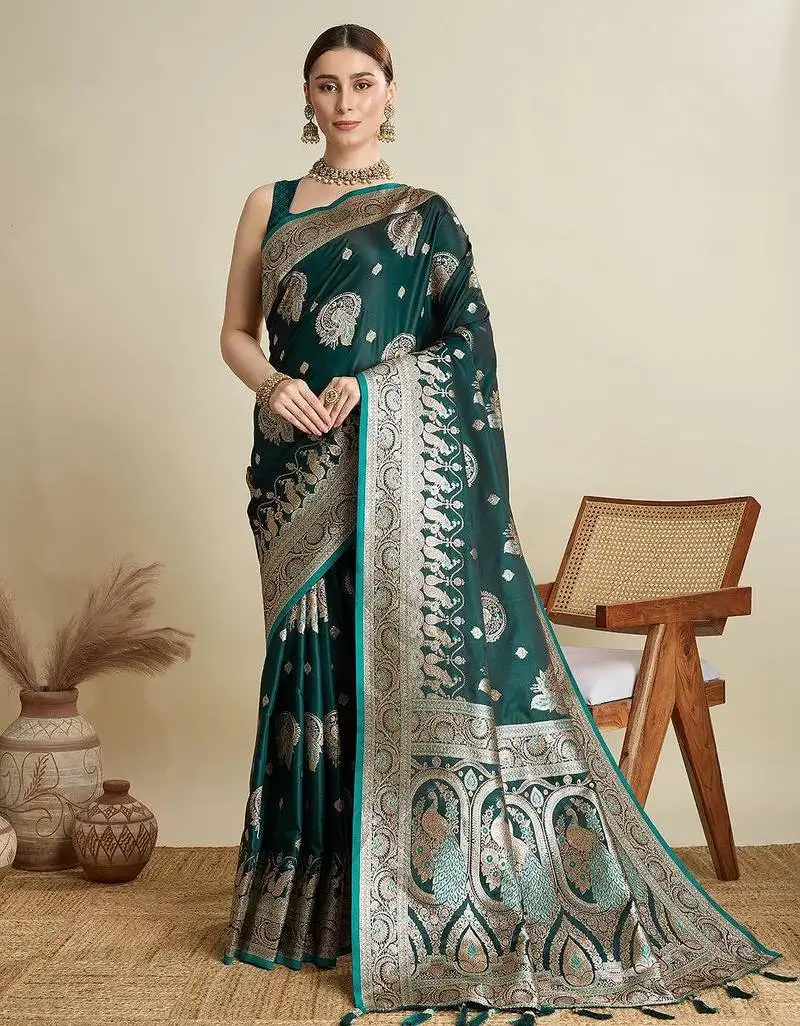 Green soft silk blend saree party wear with unstitched blouse