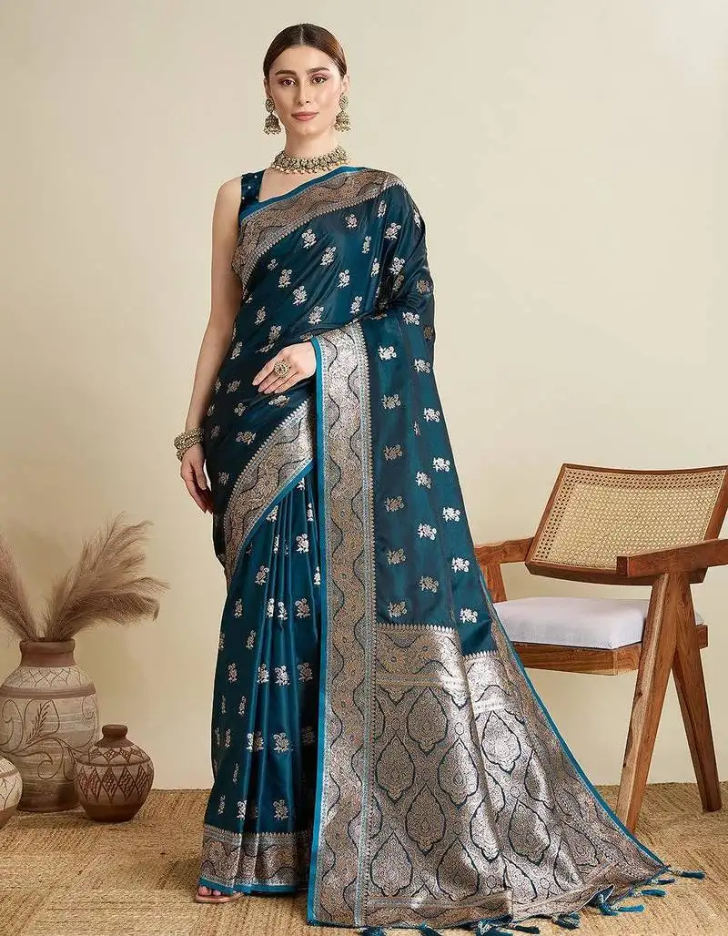 Blue soft silk blend saree party wear with unstitched blouse
