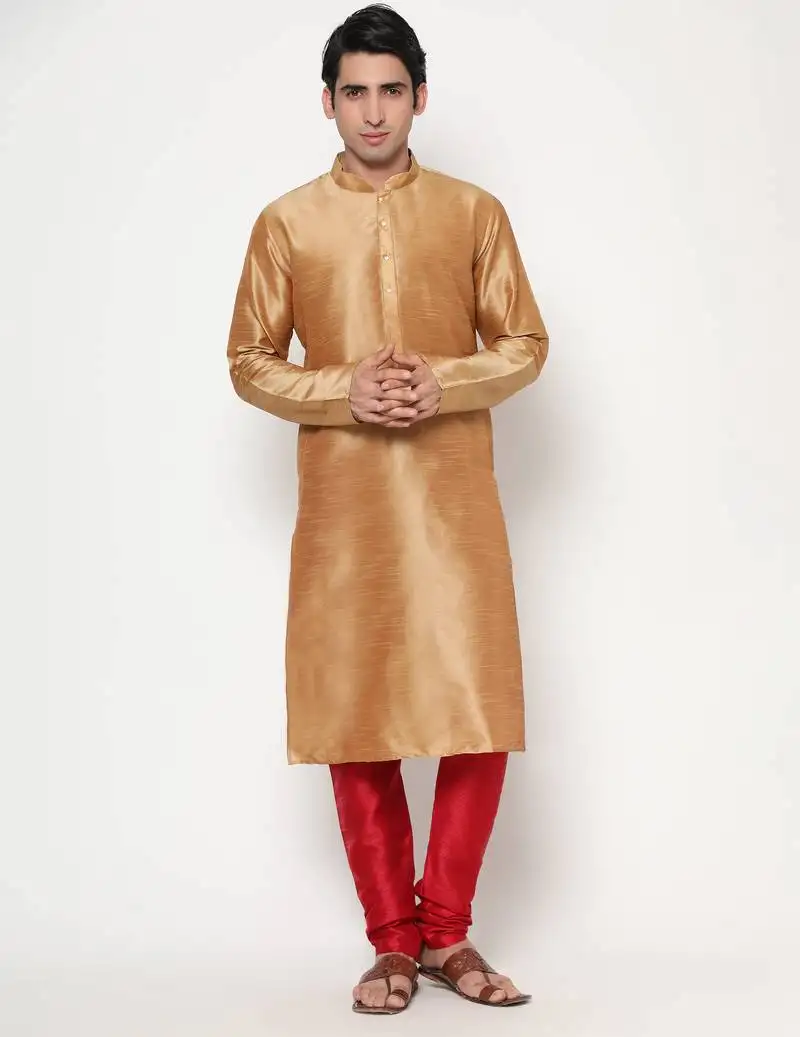 Gold silk kurta pajama set in with red churidar ethnic outfit for festivals & weddings