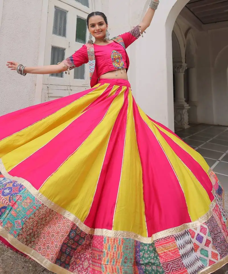 Pink & yellow garba dress cotton navratri lehenga choli with patchwork design