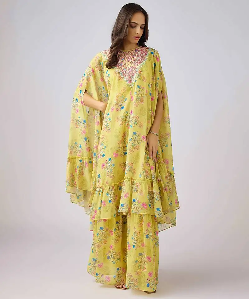 Yellow printed chinon cape set