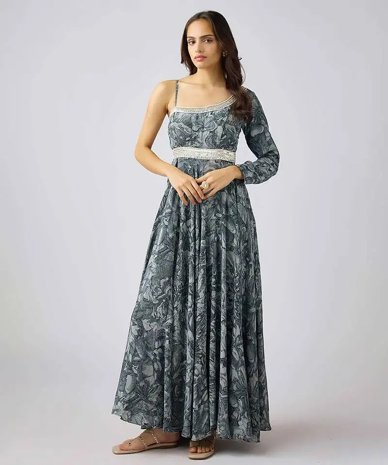 Grey printed crepe dress