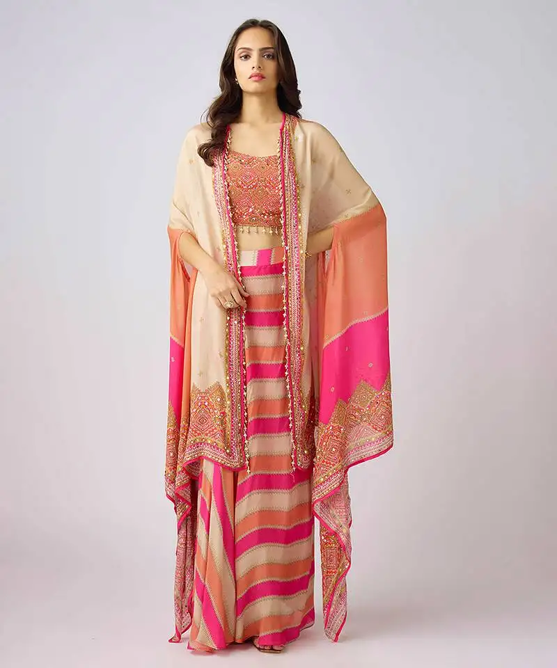 Pink printed chinon cape set