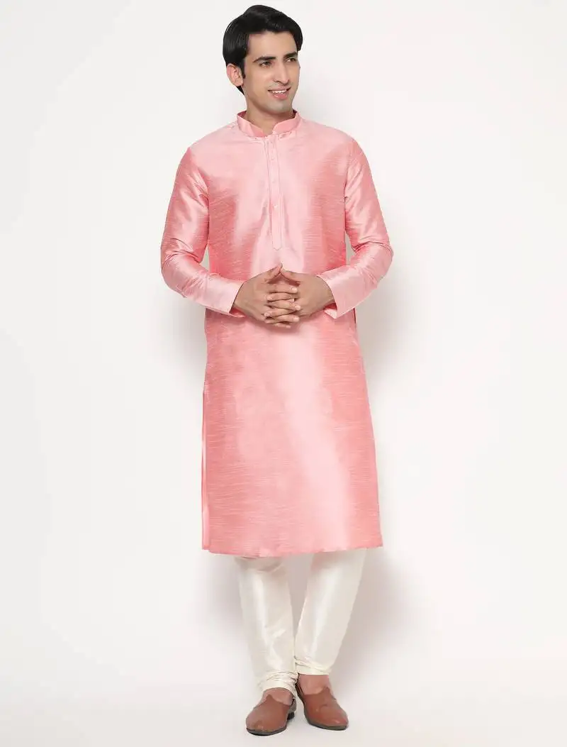 Baby pink silk kurta pajama set in with white churidar ethnic outfit for festivals & weddings