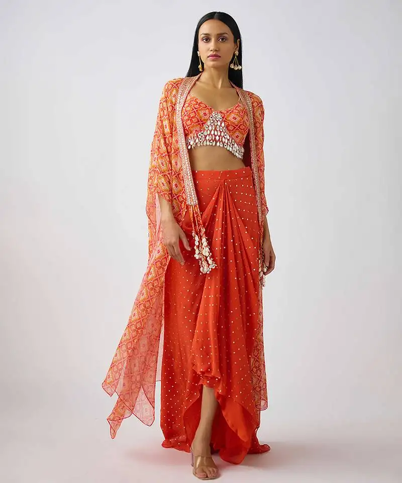 Orange embroidered georgette cape set