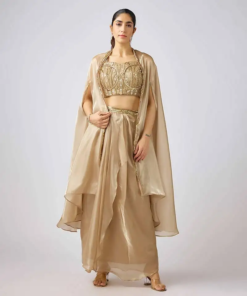 Gold plain georgette cape set