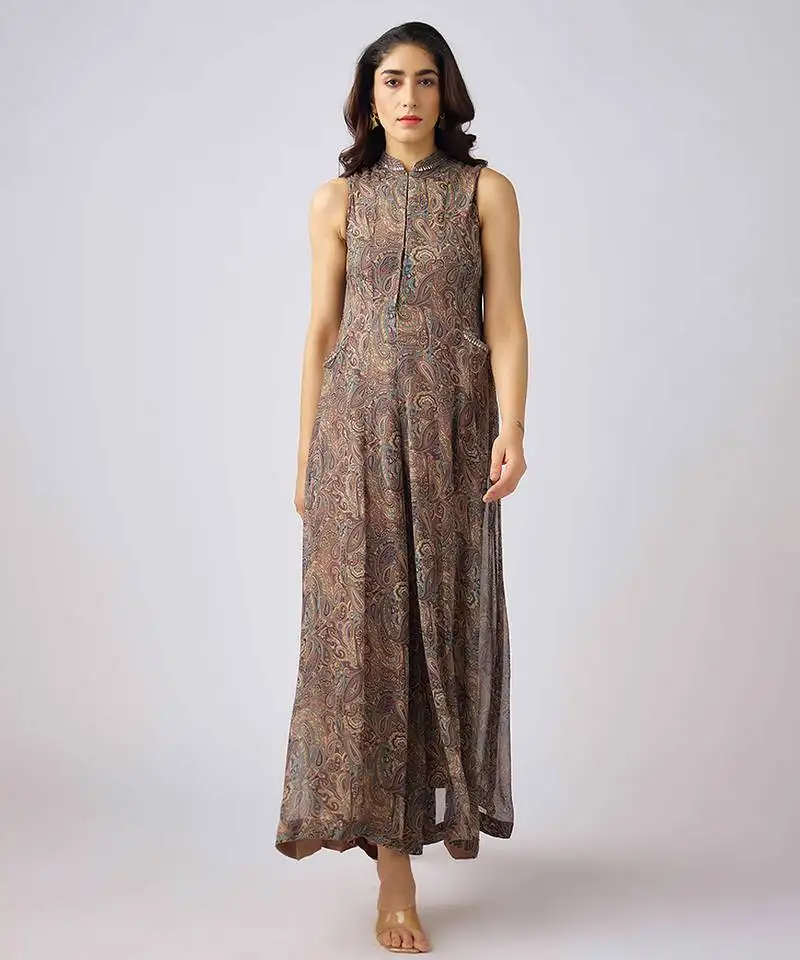 Beige printed georgette jumpsuit