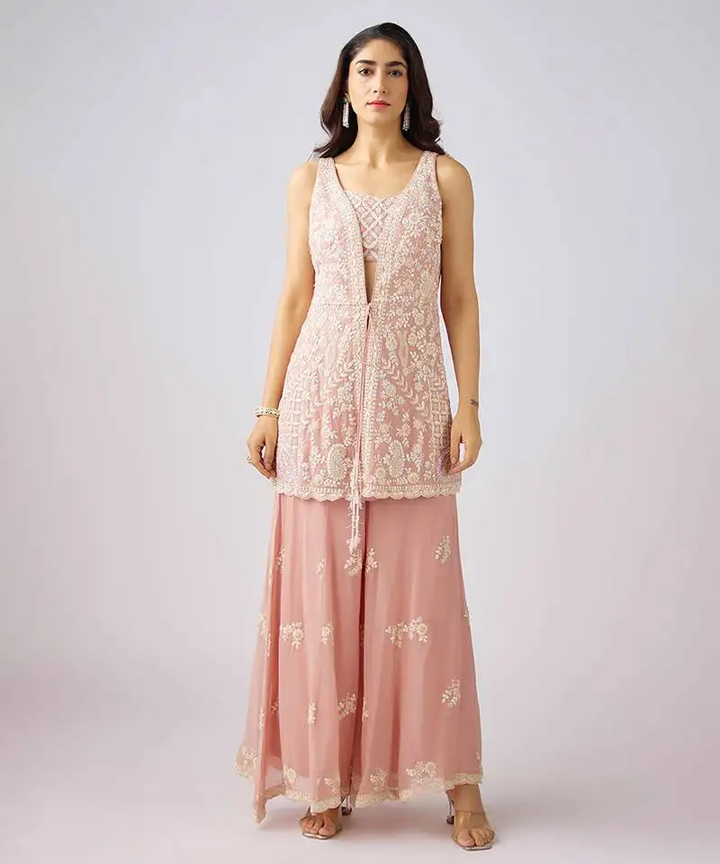 Peach embroidered georgette cape set