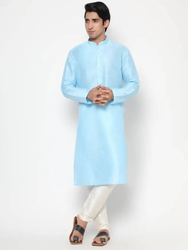 Blue silk kurta pajama set in with white churidar ethnic outfit for festivals & weddings