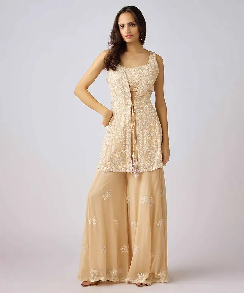 Gold embroidered georgette cape set