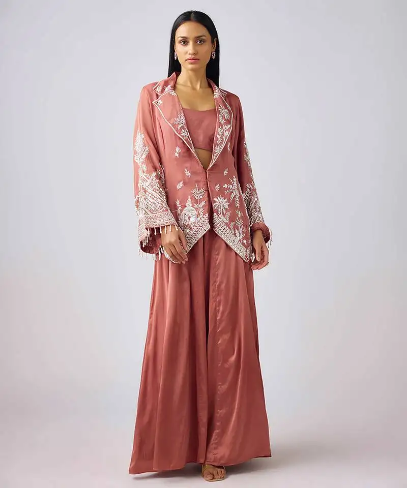 Pink embroidered georgette cape set